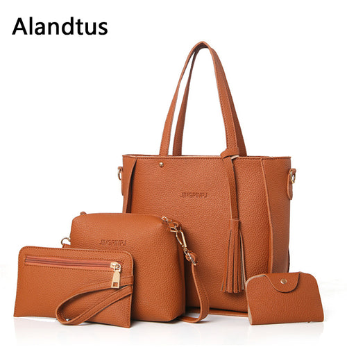 Alandtus Set 4 Pcs PU Leather Women Bags Casual Handbags Vintage Shoulder Bag Large Capacity Wallet Solid Color Card Holder