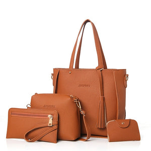 Alandtus Set 4 Pcs PU Leather Women Bags Casual Handbags Vintage Shoulder Bag Large Capacity Wallet Solid Color Card Holder