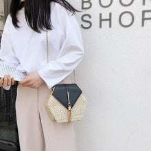Load image into Gallery viewer, Hexagon Mulit Style Straw+leather Handbag