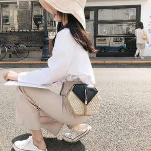 Hexagon Mulit Style Straw+leather Handbag