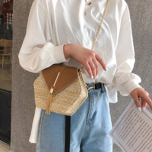 Hexagon Mulit Style Straw+leather Handbag