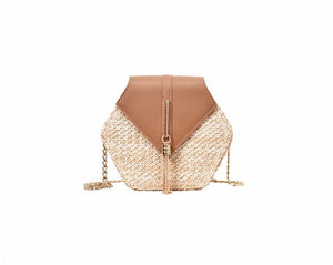 Hexagon Mulit Style Straw+leather Handbag